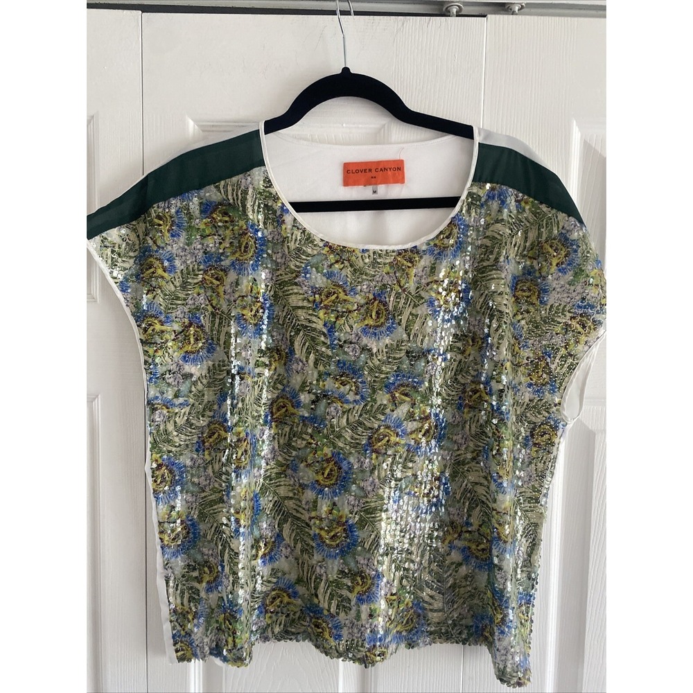 Clover Canyon Sequin Tropical Floral Top Womens Size M‎ Green  Shimmer Blouse